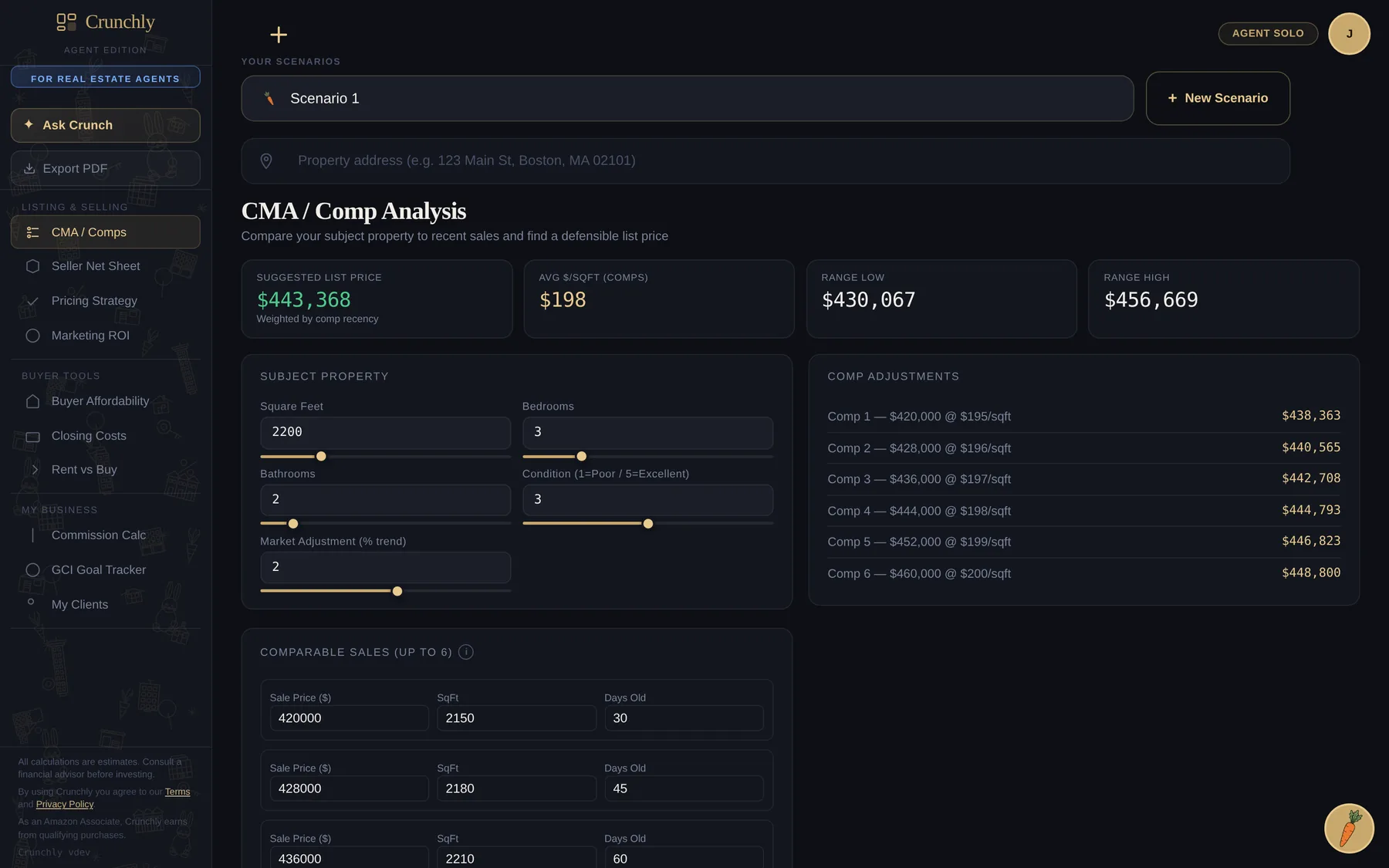Crunchly Agent CMA and comp analysis screen